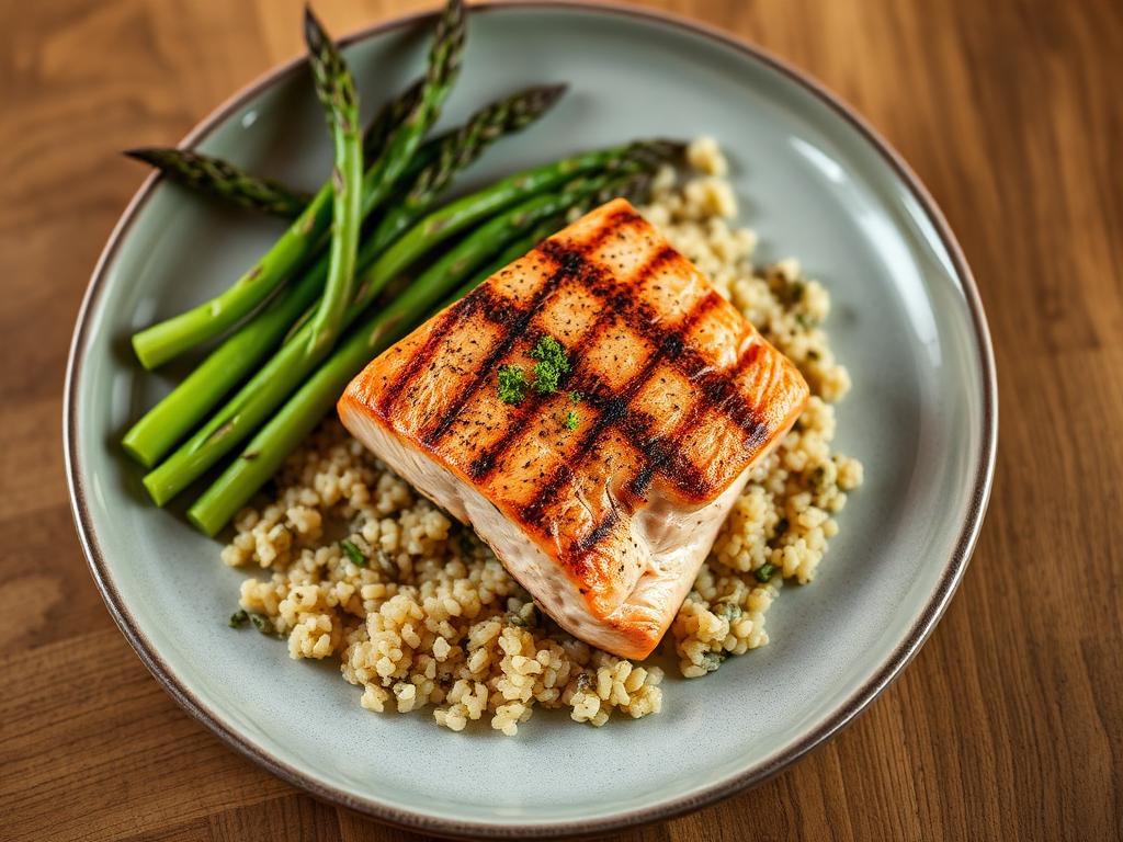Grilled salmon fillet with quinoa and asparagus